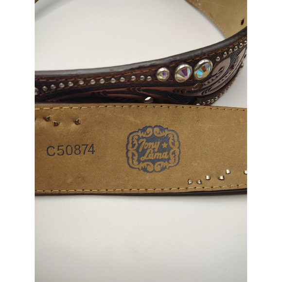 Tony Lama Western Cowgirl Belt Sparkle Rhinestone Feather Buckle Brown Size 38 - Picture 6 of 6